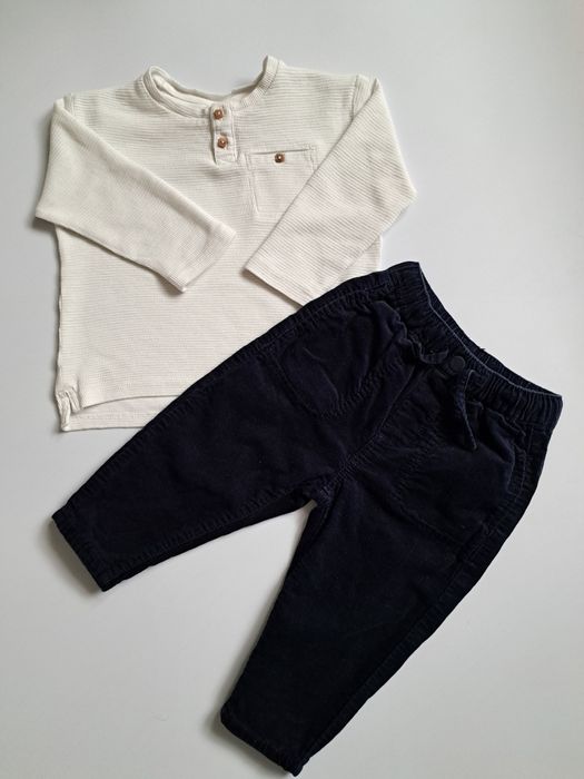 Elegancki zestaw granatowe spodnie sztruksy kremowa bluzka 86 Zara