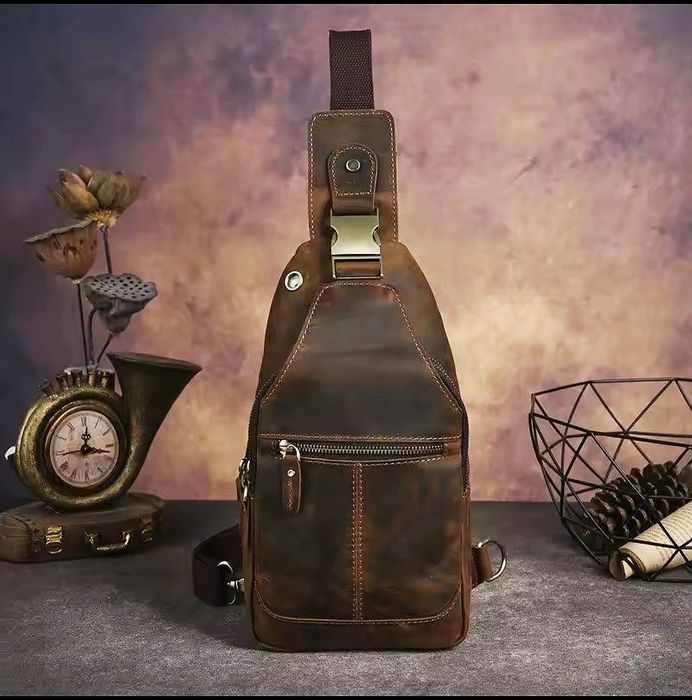 Кожаная Сумка-Слинг мужская. Crazy Horse. Dark Brown.