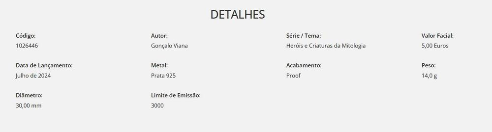 Moedas INCM Unicórnio (Prata Proof) Ulisses (Prata Proof)