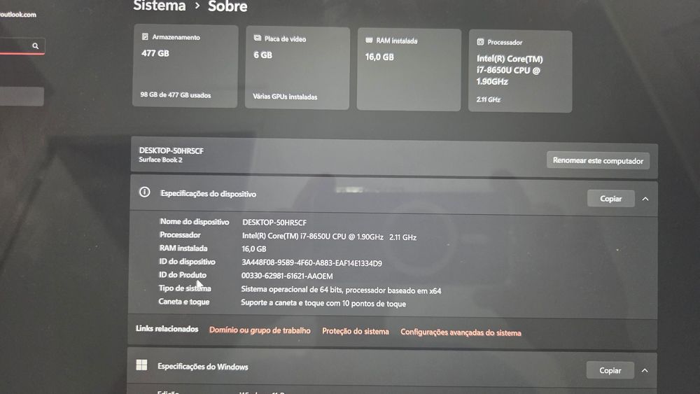 Surface book 2 i7 16gb 512gb 15 pol