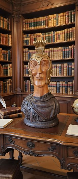 Busto de Guerreiro em Madeira Artesanal – Escultura com Capacete Grego