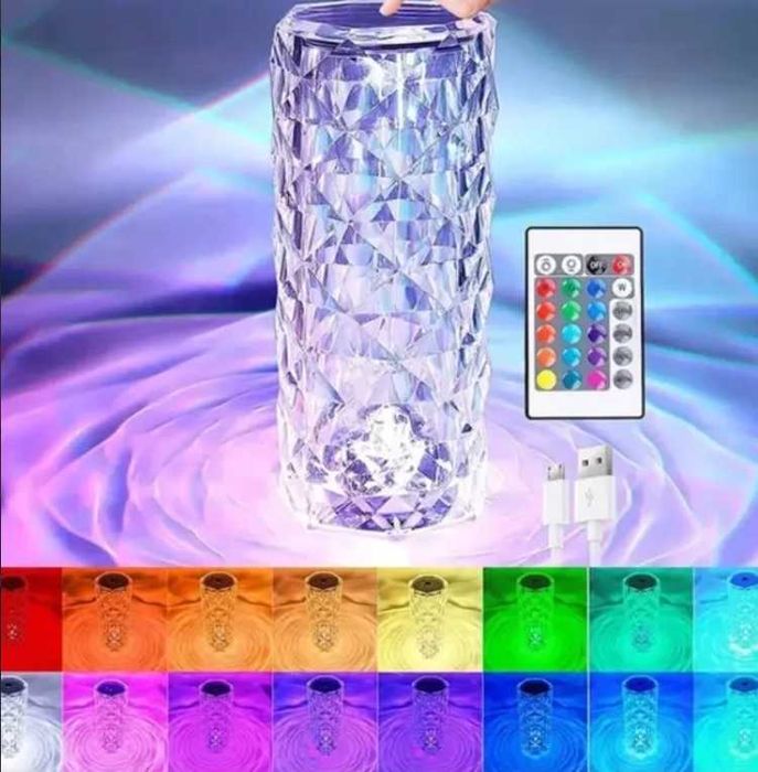 Настольная аккумуляторная лампа с пультом 22см ночник Роза RGB Crystal