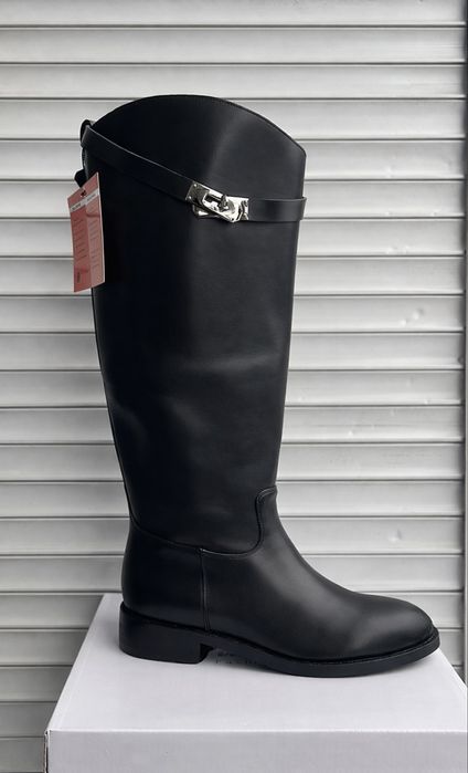 Жіночі чорні чоботи труби, Єрмес,осінні сапоги,  взуття,ботфорд