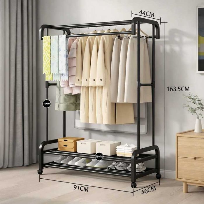 Металлическая напольная вешалка стойка  для одежды с полками для обуви