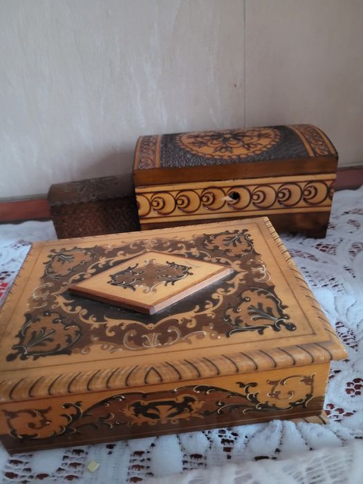 Drewniane wypalane szkatułki prl ×3