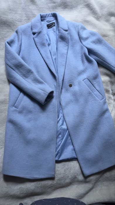 Błękitny plaszcz żakiet marynarka wełna 42
