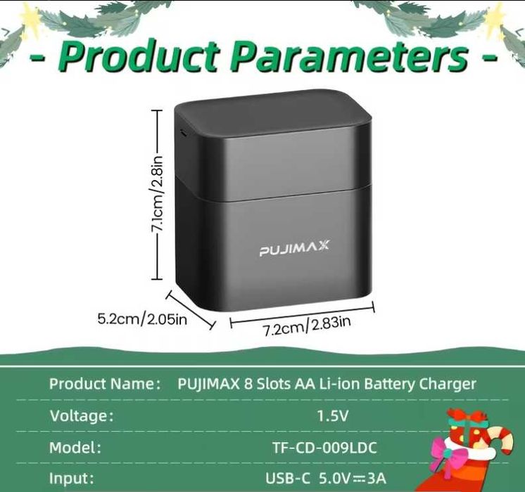 Зарядний пристрій PUJIMAX для 8 акумуляторів AA | USB-C 5V/3A | з LED