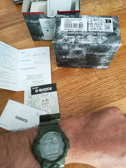 roczny Casio g-shock gbd800 zielony, Step Tracker, Bluetooth, komplet