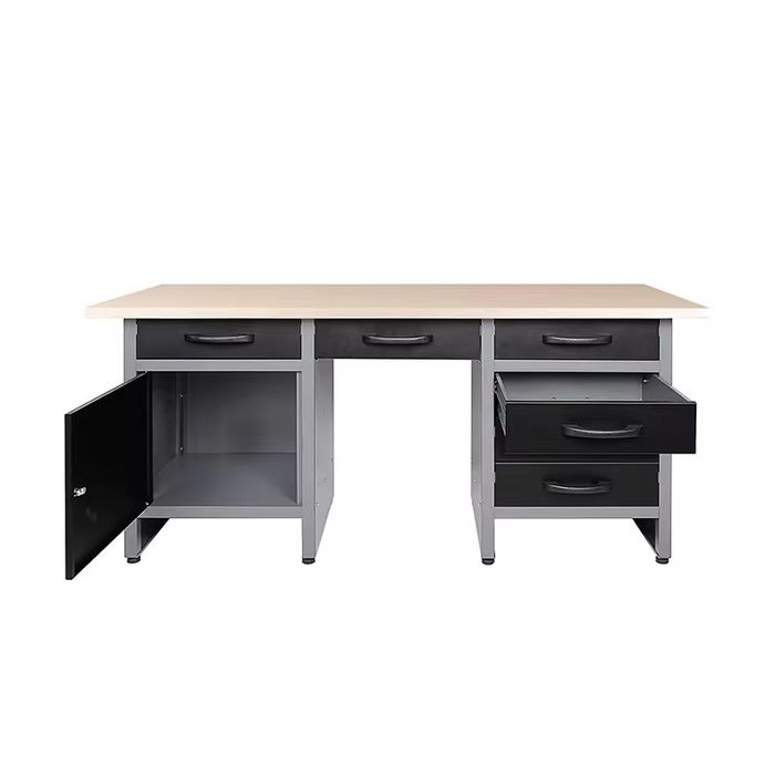 Biurko stół warsztatowy narzędziowy stalowy z drewnianym blatem