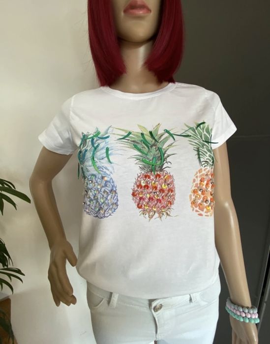 T-shirt biały z nadrukiem ananasów, 100% bawełna, rozmiar S