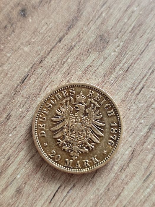 Złota moneta 20 Mark Hamburg 1876 J – Cesarstwo Niemieckie, oryginał