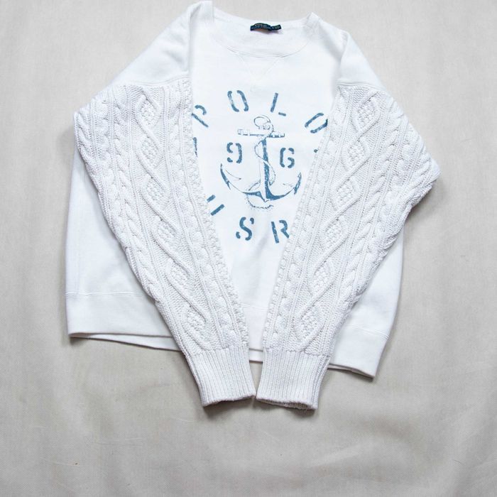 Polo Ralph Lauren Knitted sleeve white cotton blend sweatshirt bluza L
