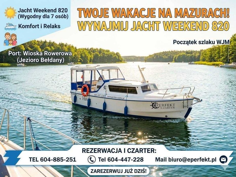 Czarter Jacht motorowy hauseboat wynajem łodzi Mazury BEZ PATENTU