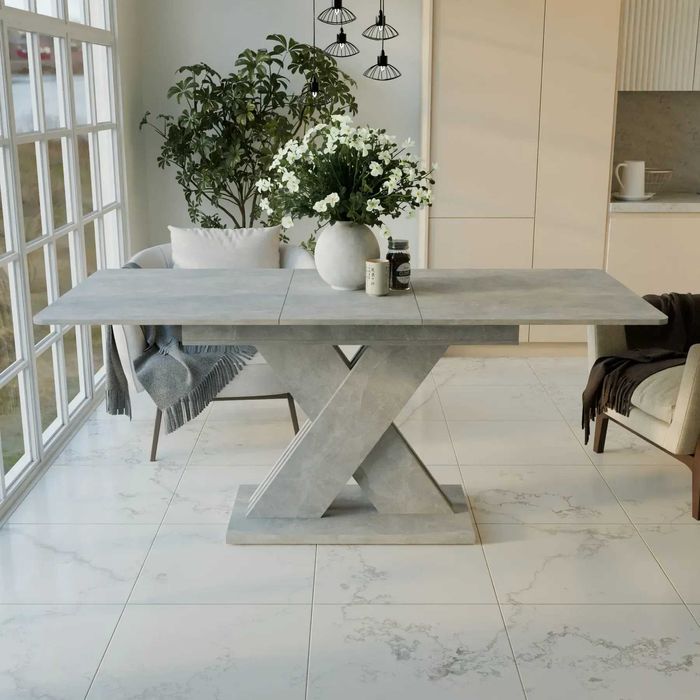 Сучасний обідній розкладний стіл в кухню білий / бетон /  дуб торро