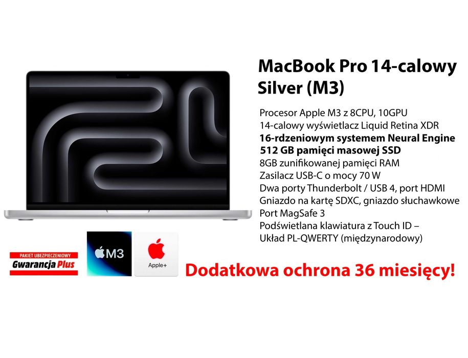 NOWY Apple MacBook Pro 14 M3 16RDZ 512GB SVLR +DODATKI RATY-0% FV23% GW-3LATA!