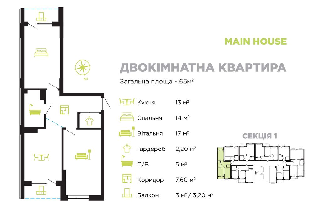 ГОТОВА до ремонту 2 кімнатна. ЖК Main House!