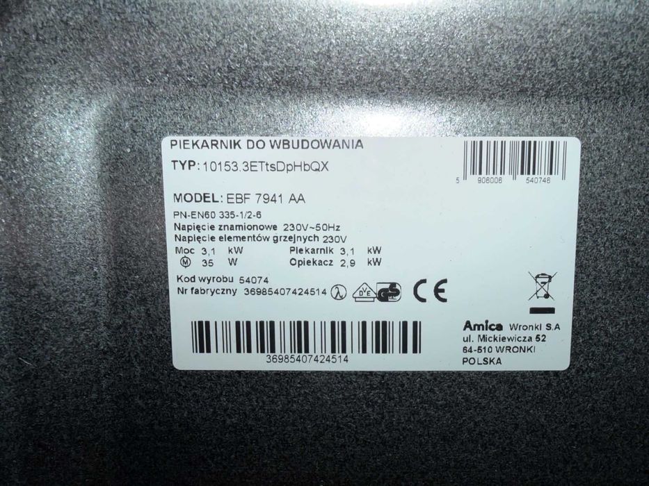 Piekarnik AMICA do zabudowy Model ebf 7941 aa
