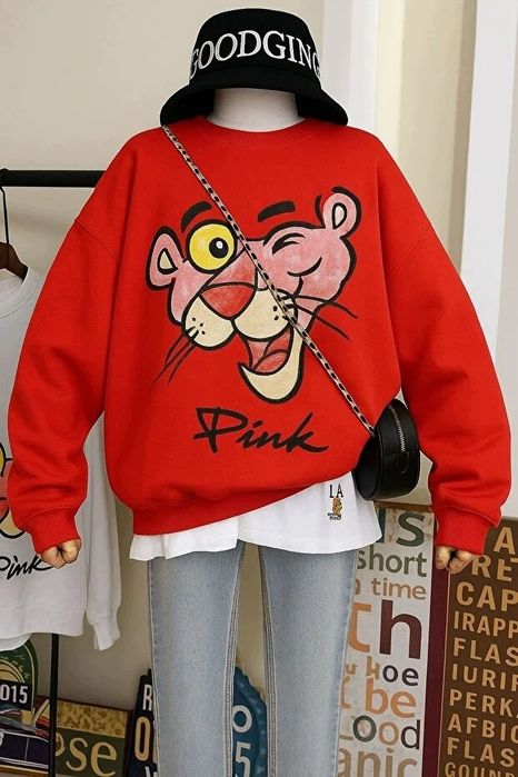 Czerwona bluza damska z nadrukiem pantera oversize m 5ia