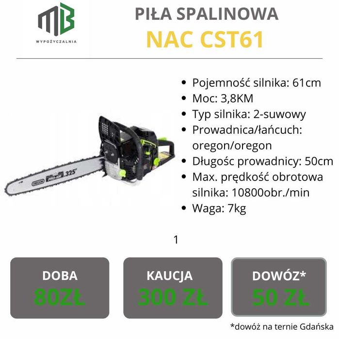 Wypożyczalnia Piła spalinowa łańcuchowa na wynajem,