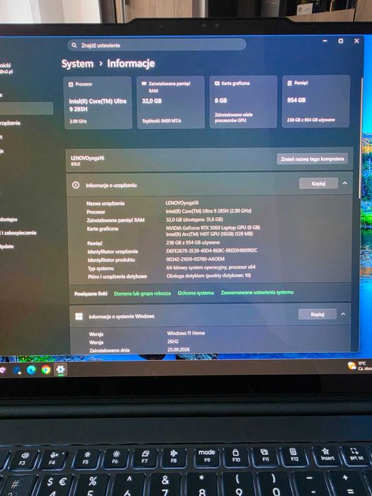 Yoga Pro 9 16IAH10 Ultra 9 285H 32GB 1TB 3.2K OLED 120Hz DOTYK RTX 5060