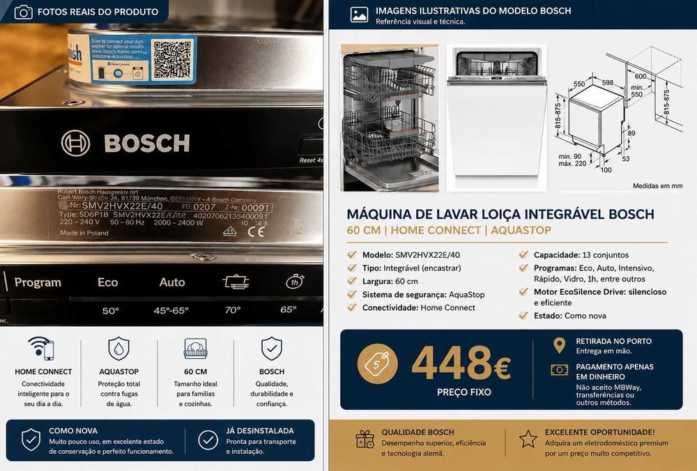 Máquina de Lavar Loiça Integrável Bosch 60cm – Home Connect | Como Nova