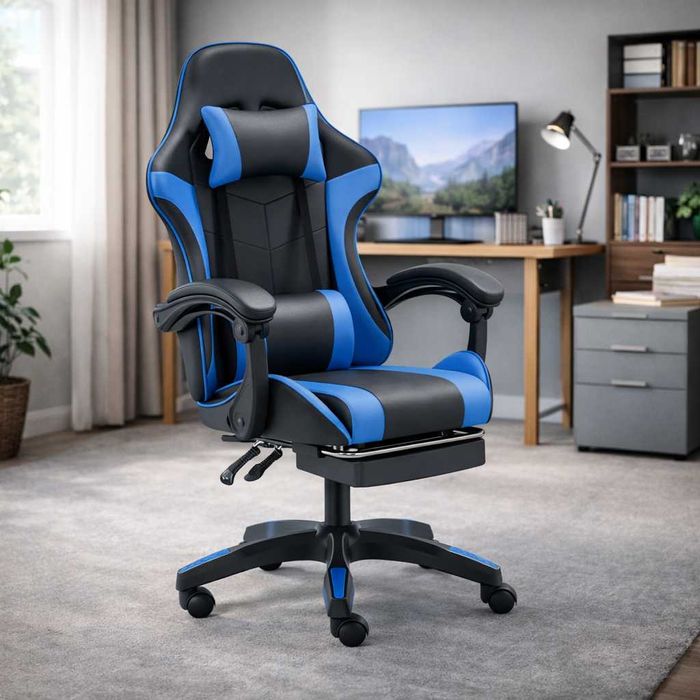 NOWY FOTEL Gamingowy Czarno-Niebieski Z Podnóżkiem Krzesło Dla Gracza