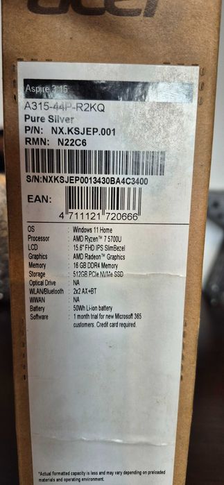 Acer 15,6FHD IPS Ryzen 7-5700U 16X4,3GHz 16GB RAM 512SSD Win 11 64 bit PL