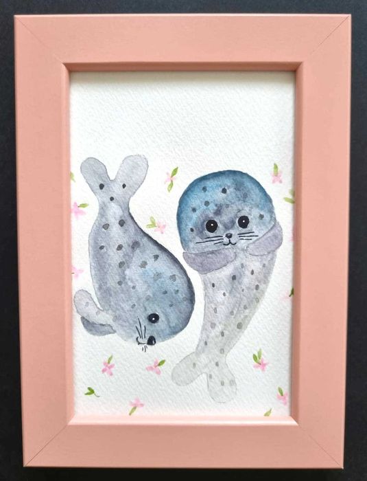 Quadro infantil para decoração com design focas (moldura incluída)
