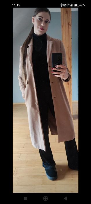Karmelowy kamelowy beżowy długi płaszcz Reserved rozmiar 36