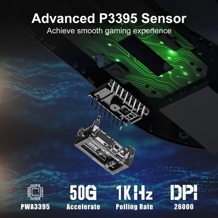 Pubiohs Gaming Mysz Bezprzewodowa 26K DPI, Lekka i Ergonomiczna