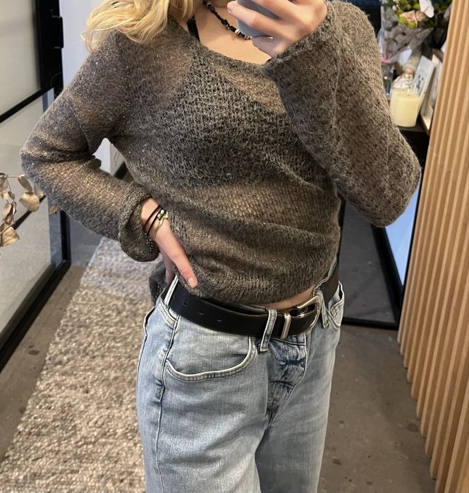 Brązowy błyszczący sweter mgiełka, prześwitujący