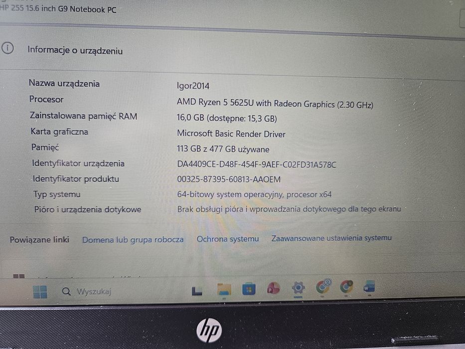 Laptop HP 255 wyswietlacz 15,6" RAM 16,0 GB