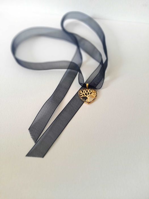 Gargantilha árvore da vida coração aço inoxidável dourado e cristais