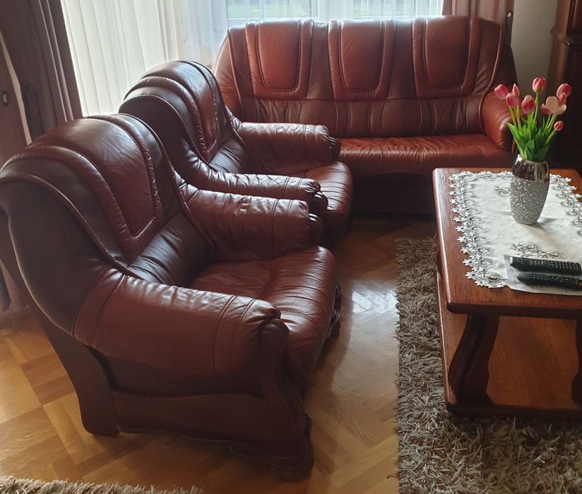 komplet wypoczynkowy do salonu skóra  sofa i 2 fotele