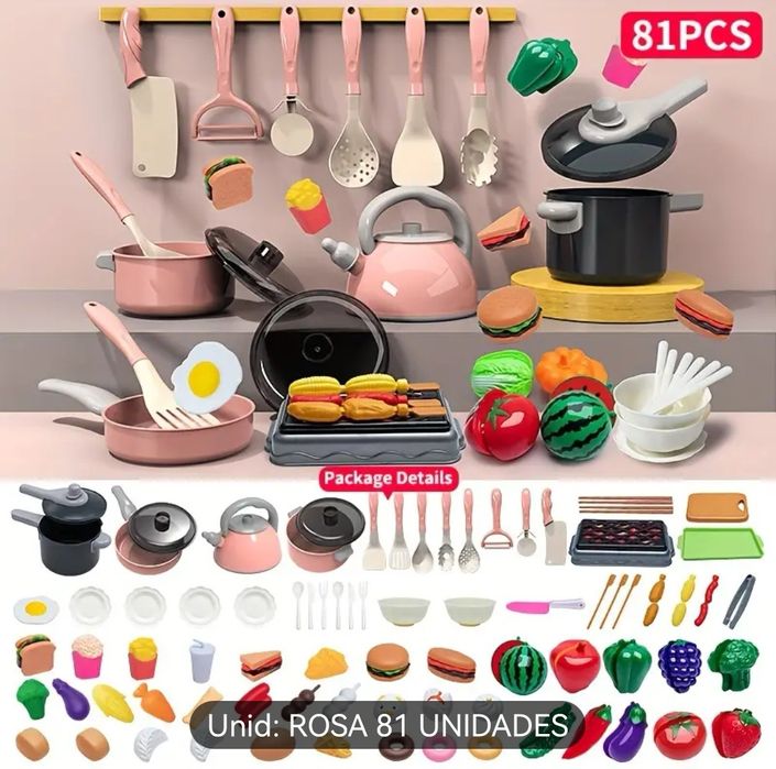 Conjunto de brincar cozinha  verde ou rosa 81 peças