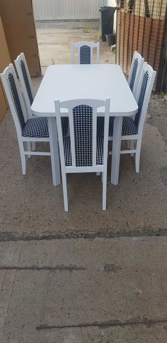 Nowe: STÓŁ 80x140/180 + 6 KRZESEŁ , biały + pepitka , dostawa cała PL