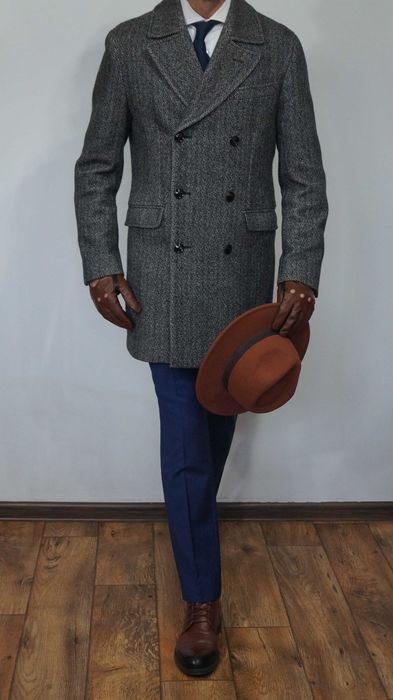 Płaszcz Dwurzędowy Massimo Dutti Wełna Rozmiar 46 175/92 Szary Jodełka