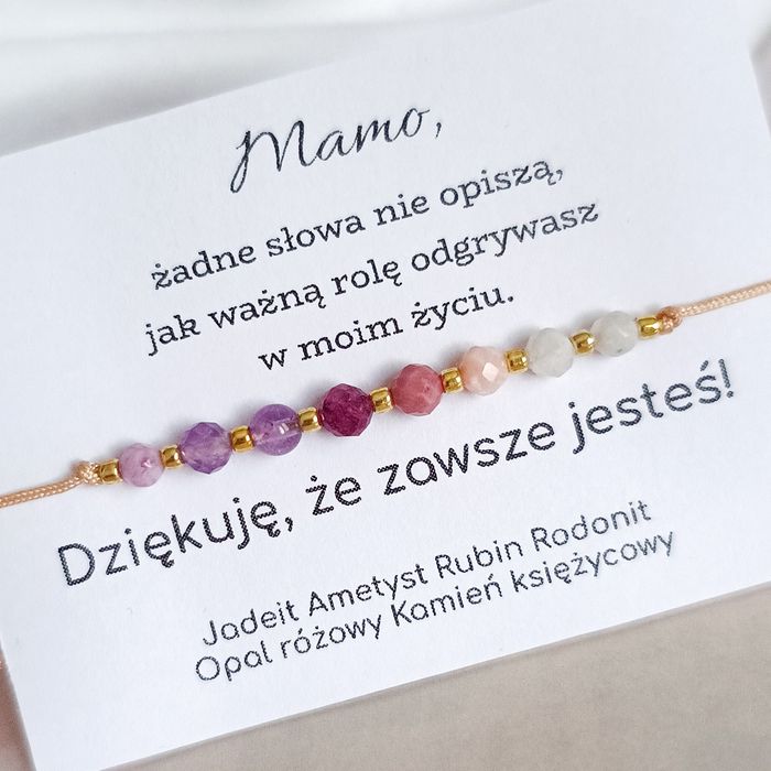 Bransoletka kamienie naturalne minerały dla mamy dzień mamy prezent rodonit opal różowy ametyst jadeit kamień księżycowy