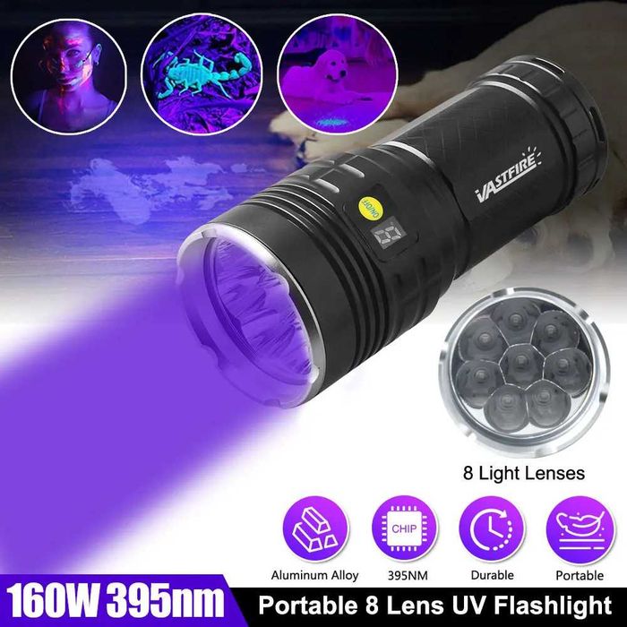 Latarka UV Vastfire 395nm o potężnej mocy 160W z bateriami 18650