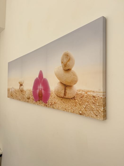 Quadro Decorativo Zen com Flor e Pedras — 154x54 cm