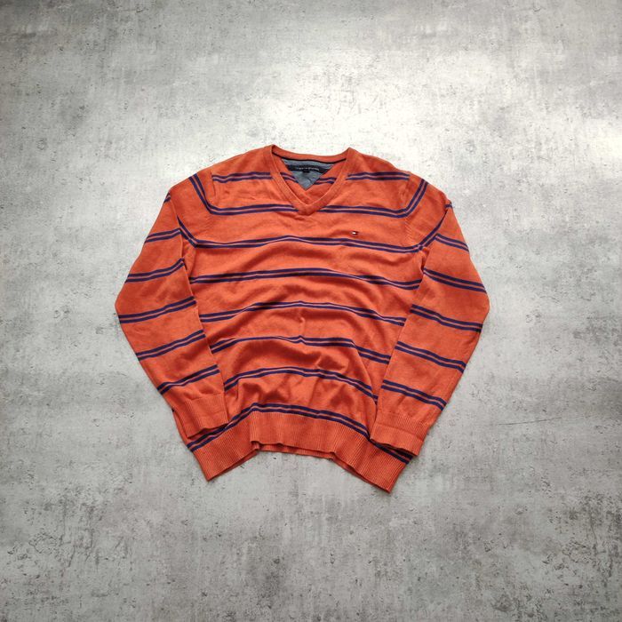 MĘSKI PREMIUM Sweter Bawełna Paski Tommy Hilfiger Kołnierzyk V Haft