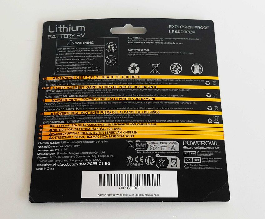 Pack de 20 pilhas de lítio de 3V CR2032 da Powerowl