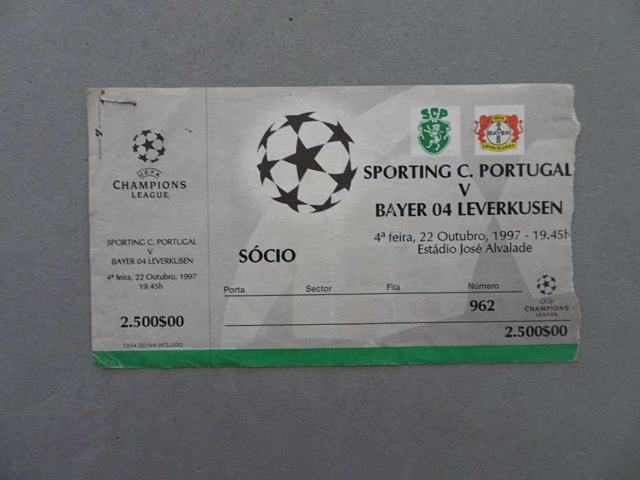Bilhete futebol Sporting Bayer Leverkusen Champions League out 1997
