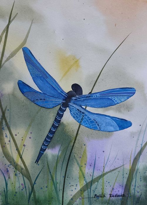 Oryginalny Obraz Akwarela – Niebieska Ważka (Rękodzieło) | 19x26 cm