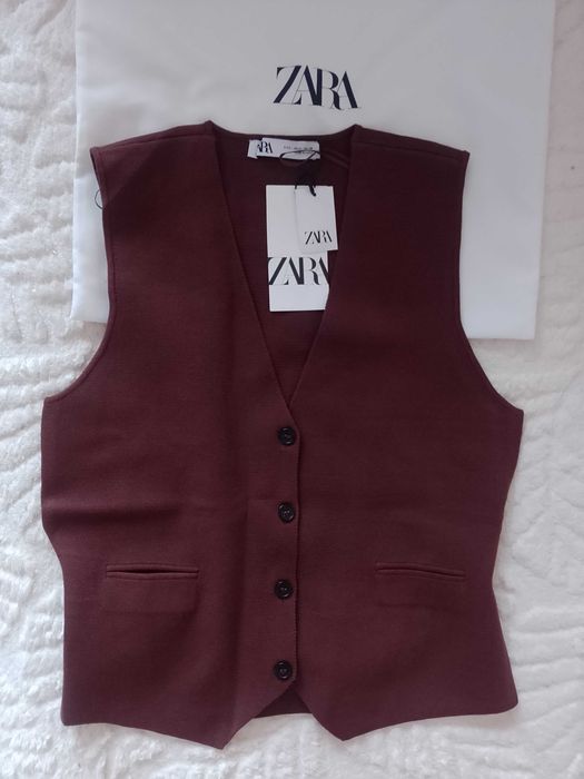 (40/L) ZARA/ Brązowa Dzianinowa Kamizelka z patką z Madrytu, NOWA