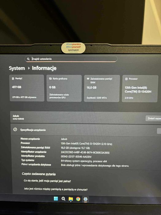 Laptop Lenovo INTEL i5-13420, RTX 3050 6GB, 16GB RAM, stan idealny.