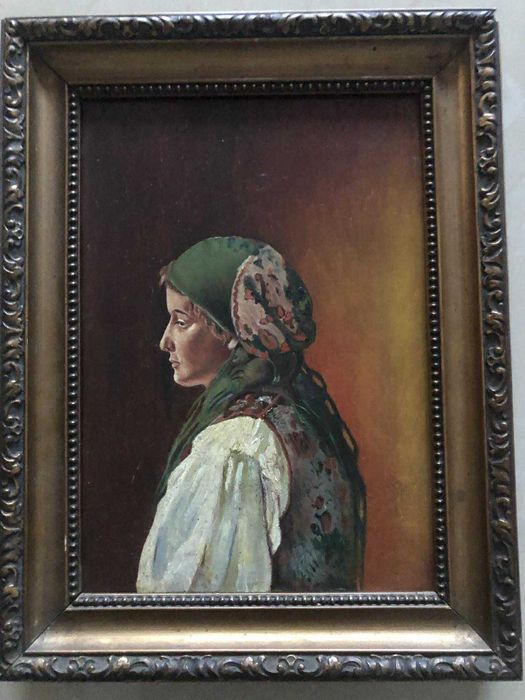 Stary wiekowy obraz. Portret Hucułki. Olej na desce. Oryginalna rama.
