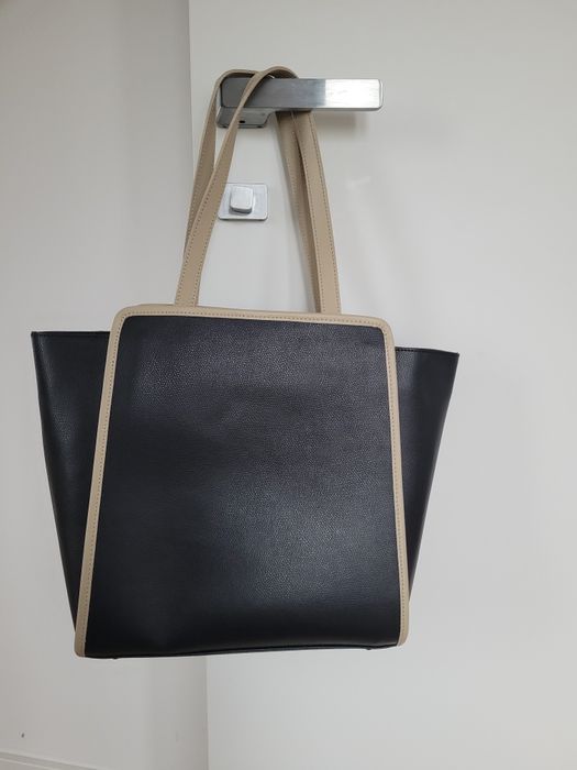 Torba skórzana Venezia typu shopper  czarna beżowa s