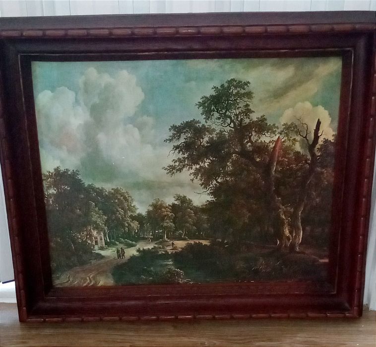 Oleodruk pejzaż w pięknej ramie.