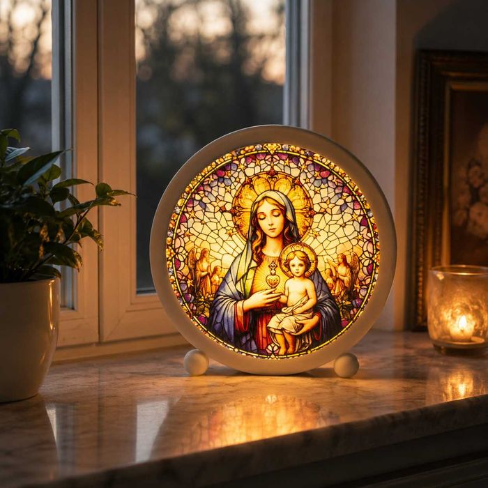 Lampion LED Maryja z Dzieciątkiem Jezus Witraż 11 cm Dekoracja Religijna